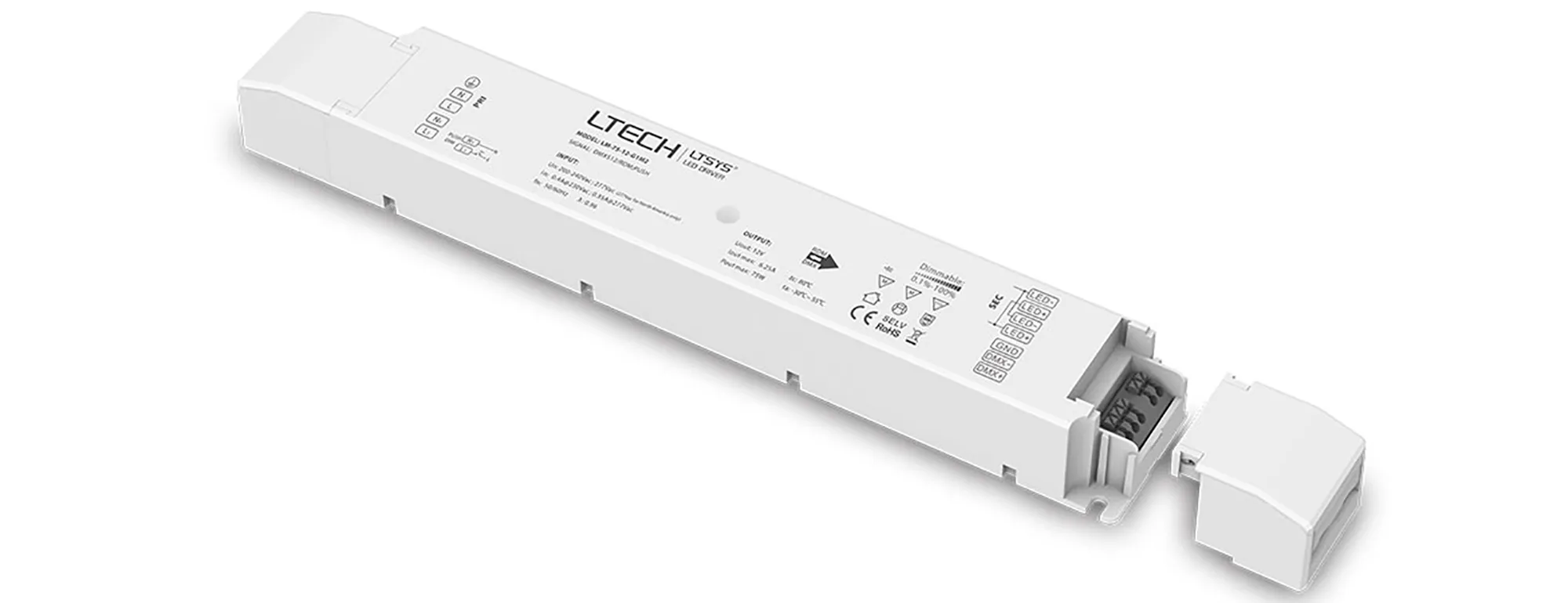 DMX512/RDM/Push DIM, 0-100% Dim, CV 75W, 12Vdc 6.25A, 200-120Vac, IP20, 5yrs Warranty. LM-75-12-G1M2  LTECH DMX Constant Voltage